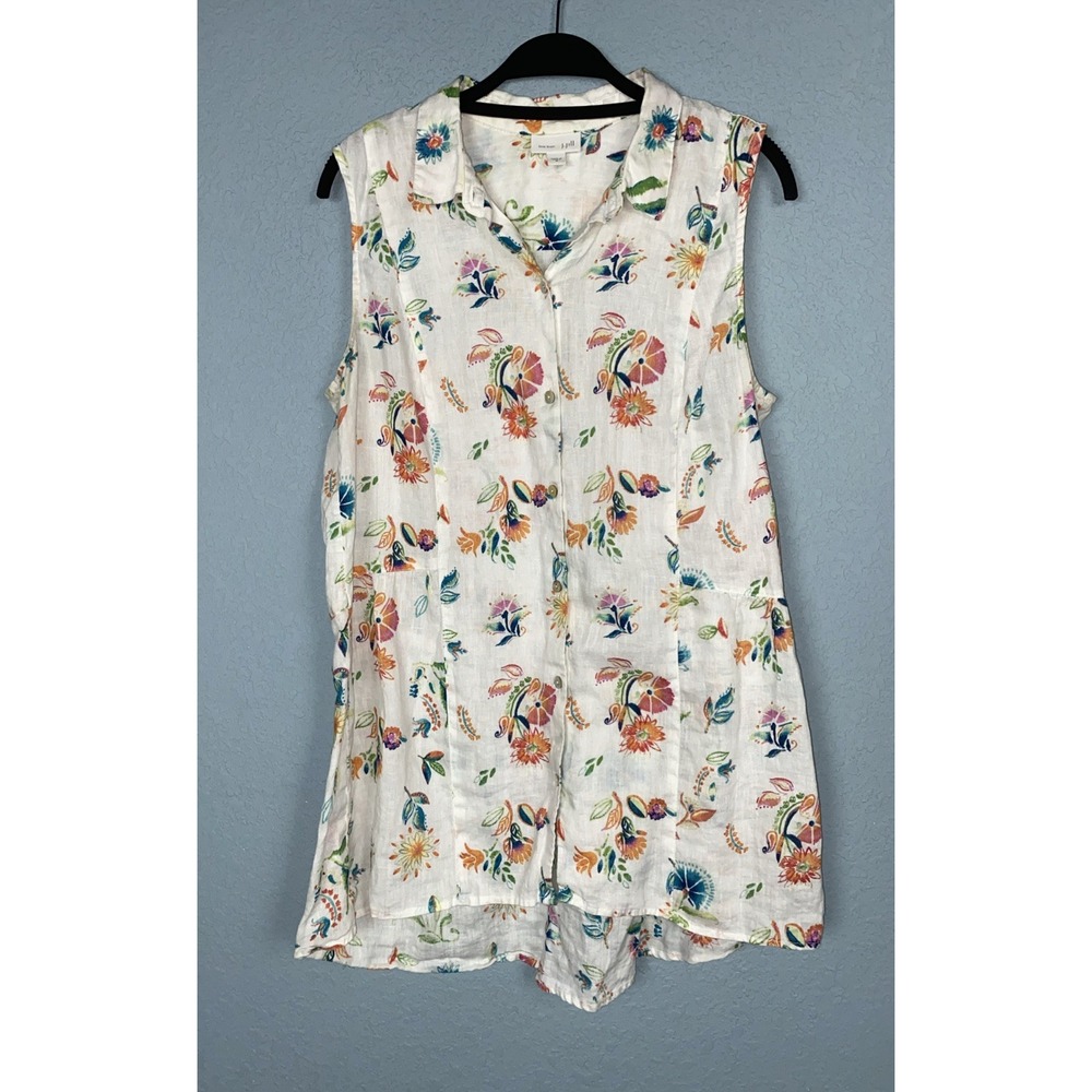 J Jill Love Linen Womens Floral Button Up Tank Blouse Sz‎ M | Feminine Colorful
